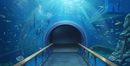 滋賀県立琵琶湖博物館のトンネル水槽（イラスト）