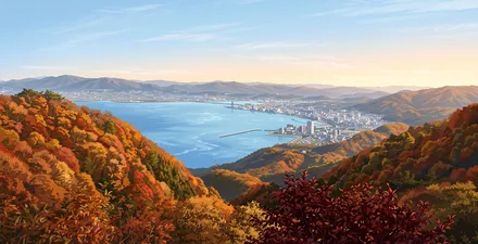 比叡山から見た琵琶湖の眺めと紅葉（イラスト）