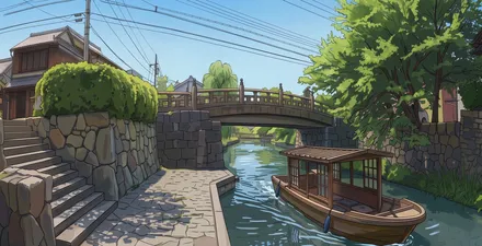八幡堀の石垣と石橋、水路をゆく屋形舟（イラスト）