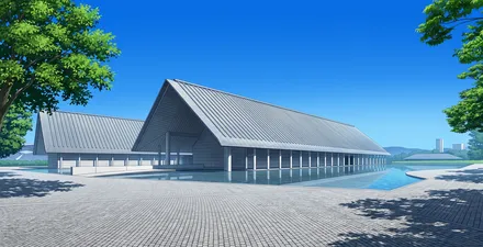 佐川美術館の水盤と三角屋根（イラスト）