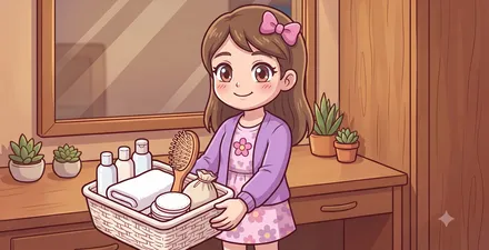 アメニティを入れたかごを持つイラスト