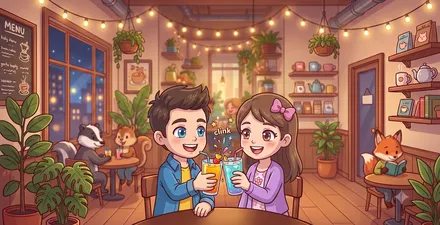 ウェルカムドリンクで乾杯するふたりのイラスト
