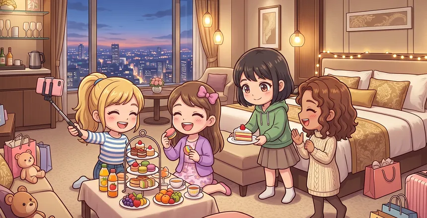 客室でケーキスタンドを囲んで女子会を楽しむイラスト